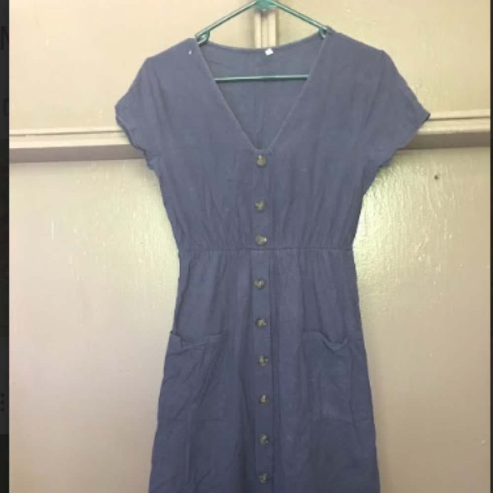 Navy Linen Buttoned Dres